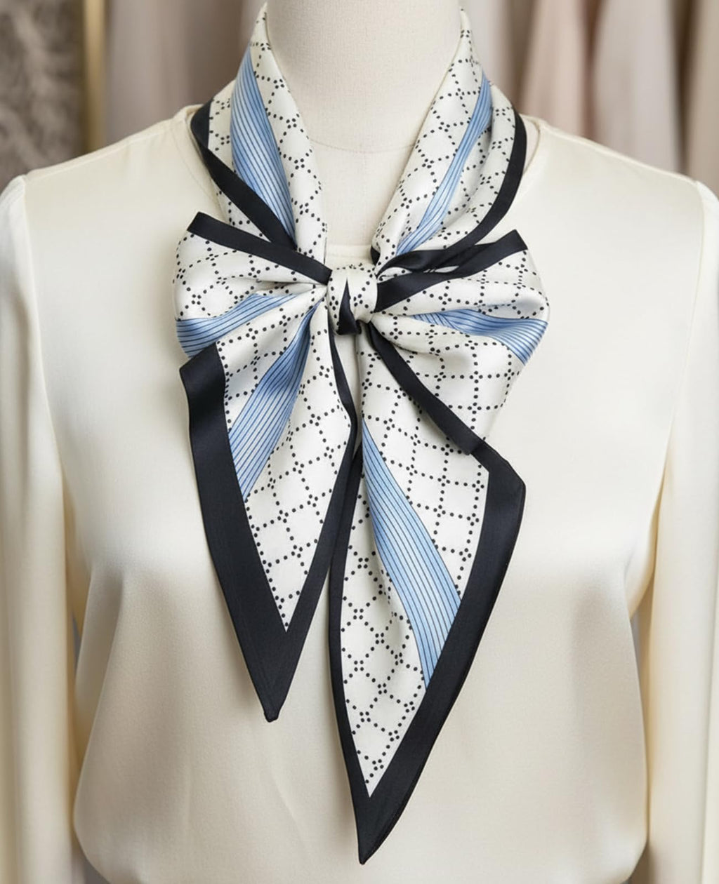 Fashion Scarf for Women - 58" Long Skinny Scarf Lightweight, Luxurious Silk Feeling for Neck, Hair, Purse & Belt Accessory (Blue-White Geometric)