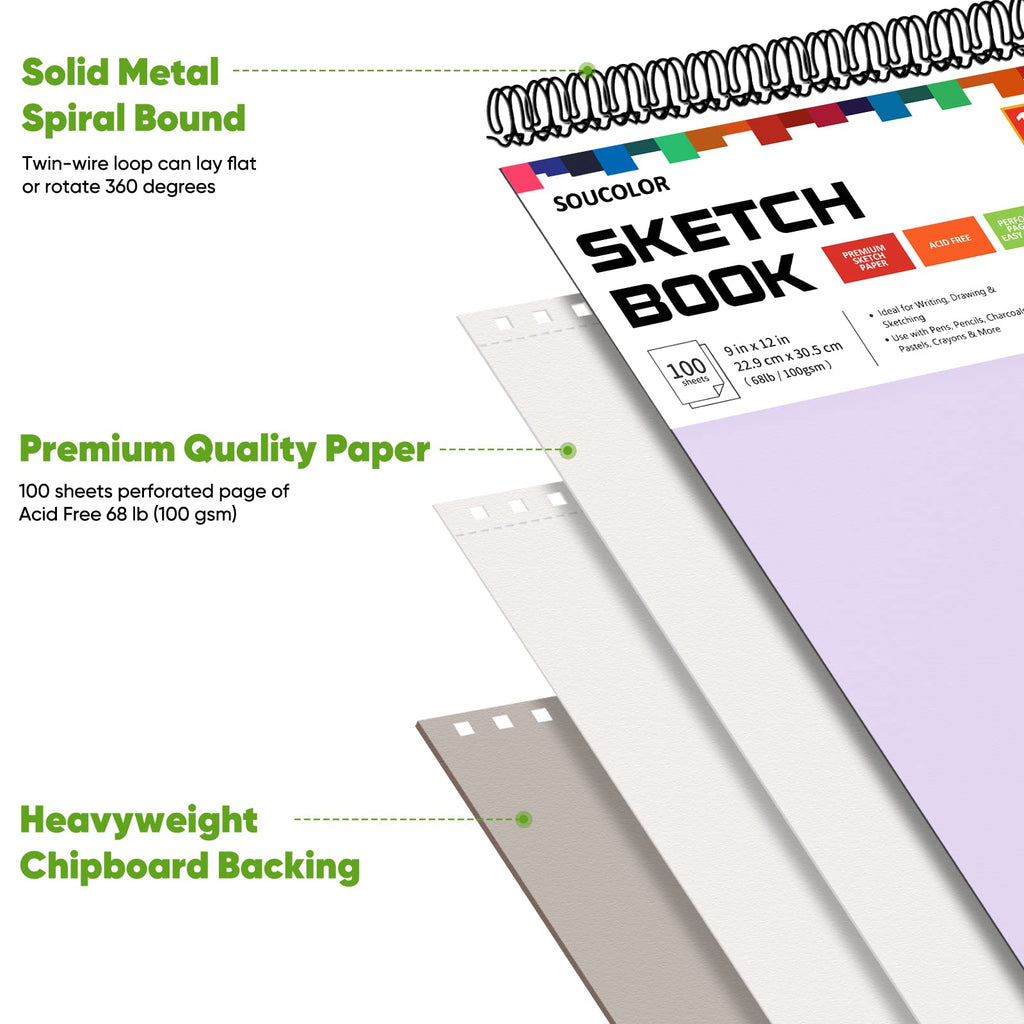 Soucolor 9" x 12" Sketch Book, Christmas Gifts for Women, Birthday Gifts for Women, Thank You Gifts, Stocking Stuffers Gift Set, 2 Packs 100-Sheets Each (68lb/100gsm) Drawing Pad for Women and Girls
