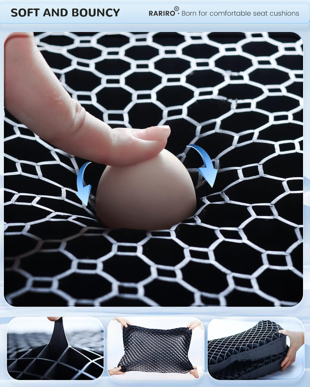 Thickened Gel Seat Cushion, Chair Seat Pads for Wheelchair, Gel Cushion Seat for Pressure Coccyx Sciatica Pain Relief, Egg Cushion for Car Office Chair, Cooling Cushion for Long Sitting[Black-2.75"]