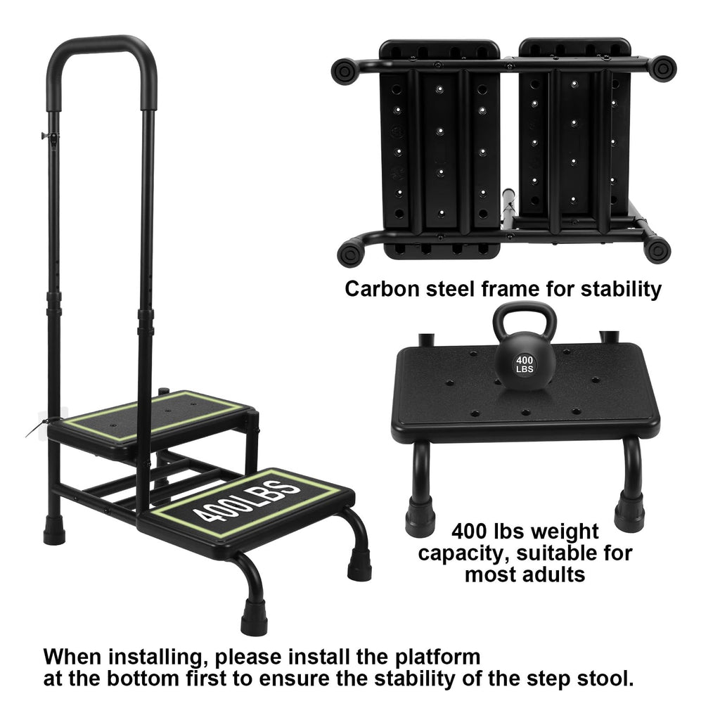 2 Step Stool with Handle for Elderly, Heavy Duty Step Stool with Handle, 4 Fixing Buckle and Adjustable Handrail, Bed Steps with a Hook for Adults Seniors Handicap, Hold up to 400LBS