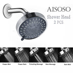 AISOSO Shower Head 2 PCS, 5 Modes High Pressure Shower Heads for Relaxed Shower Experience, 4.1 Inch Bathroom Fixed Showerhead Even at Low Water Pressure for Powerful Spray, Chrome