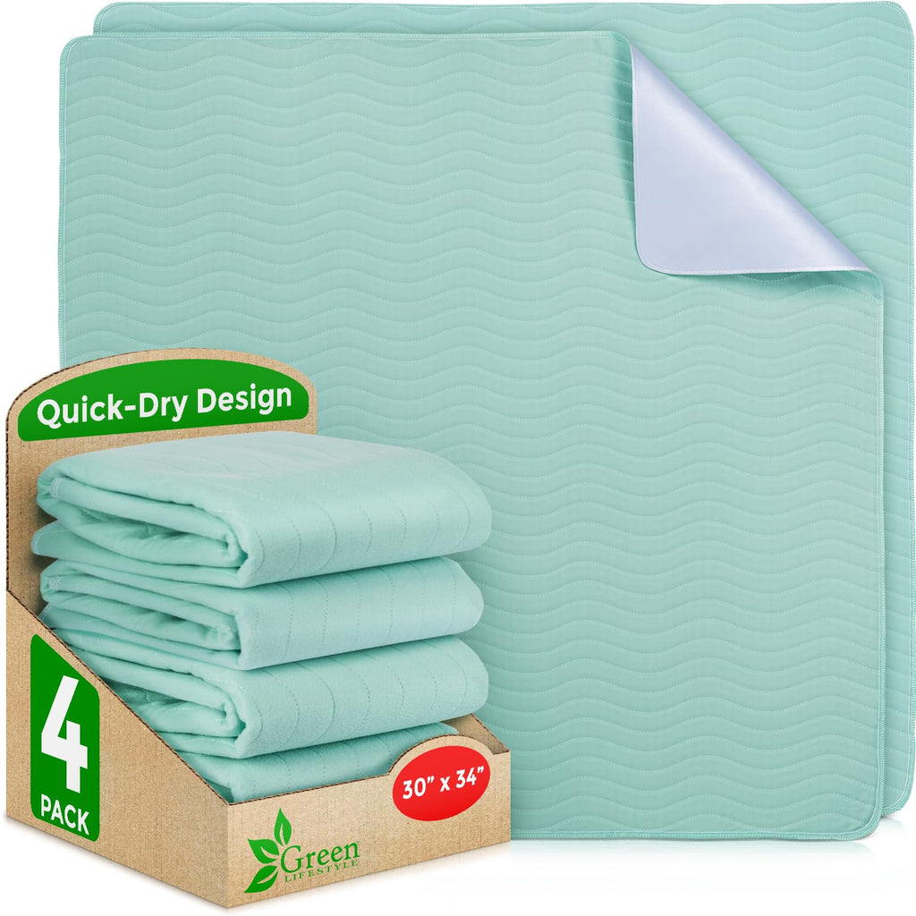 GREEN LIFESTYLE® Washable Underpads - Heavy Absorbency Reusable Bedwetting Incontinence Pads for Kids, Adults, Elderly, and Pets - Toddler Mattress Pads for Bed, Sofa, Couch, Floor (Pack of 4 - 30x34)