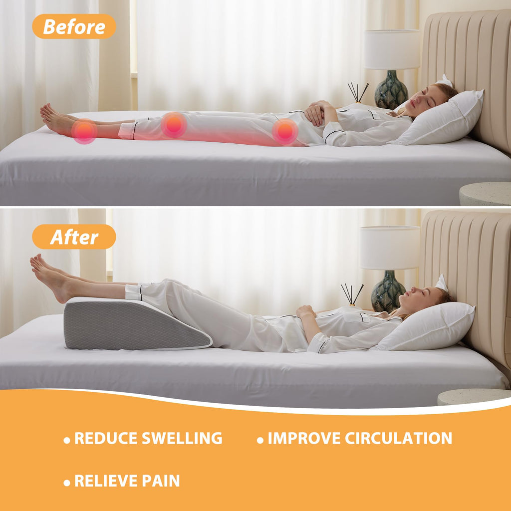 Bedluxe Leg Elevation Pillows, Leg Pillows for Sleeping, Cooling Gel Memory Foam Top, Wedge Pillow for Legs, Leg Wedges for Circulation, Swelling, After Surgery - Removable Cover (6 Inch, White/Grey)