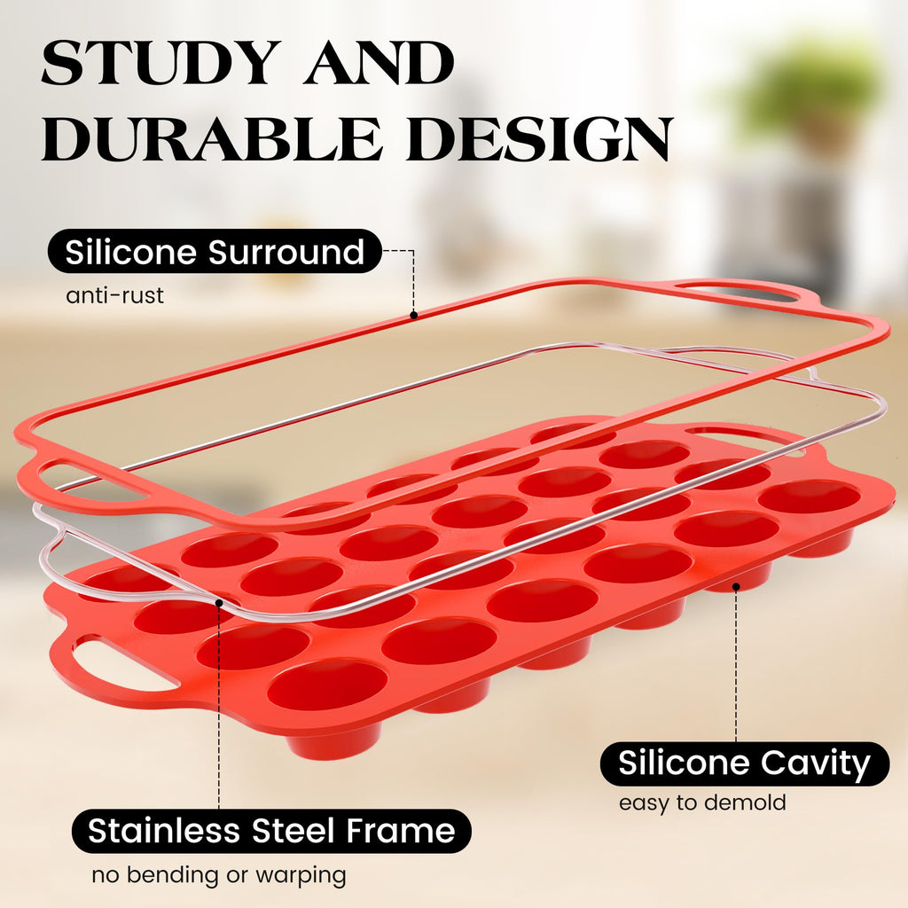 AOTASO Silicone Mini Muffin Pan With Stainless Steel Reinforced Frame 24 Cups Nonstick Cupcake Molds for Baking Silicone Muffin Tray with Handles(2 Pcs, Red)