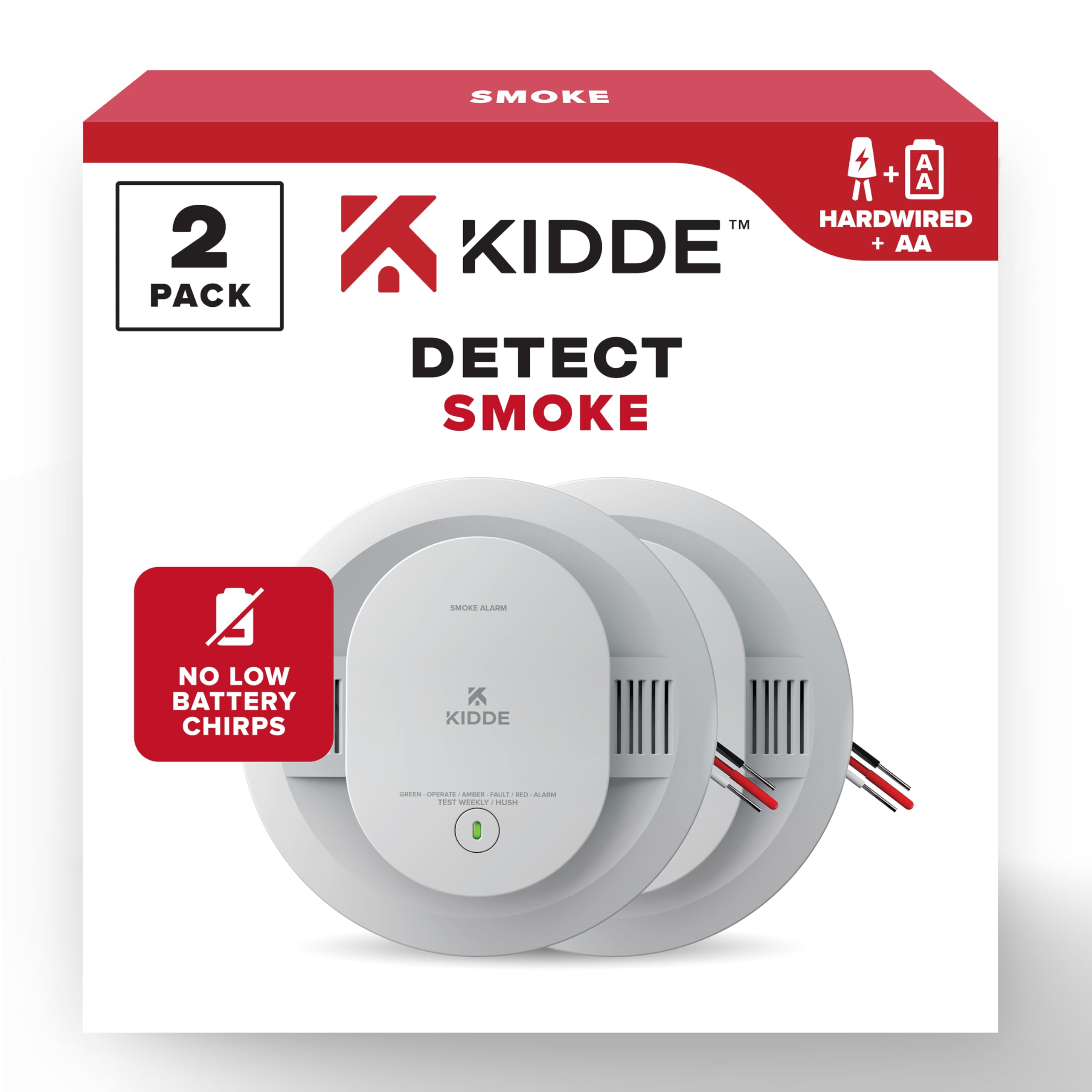 Kidde Hardwired Smoke Detector, AA Battery Backup, Interconnectable, LED Warning Light Indicators, 2 Pack