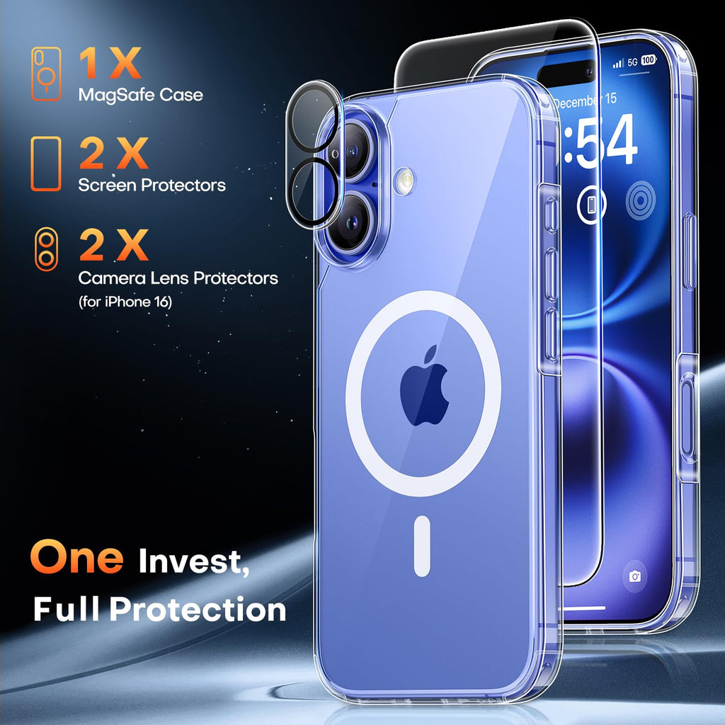 TAURI 5 in 1 for iPhone 16 Case, Compatible with MagSafe [Anti-Yellowing] with 2X Screen Protector + 2X Camera Lens Protector, Military-Grade Protection, Magnetic Phone Case for iPhone 16 6.1", Clear