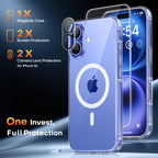 TAURI 5 in 1 for iPhone 16 Case, Compatible with MagSafe [Anti-Yellowing] with 2X Screen Protector + 2X Camera Lens Protector, Military-Grade Protection, Magnetic Phone Case for iPhone 16 6.1", Clear