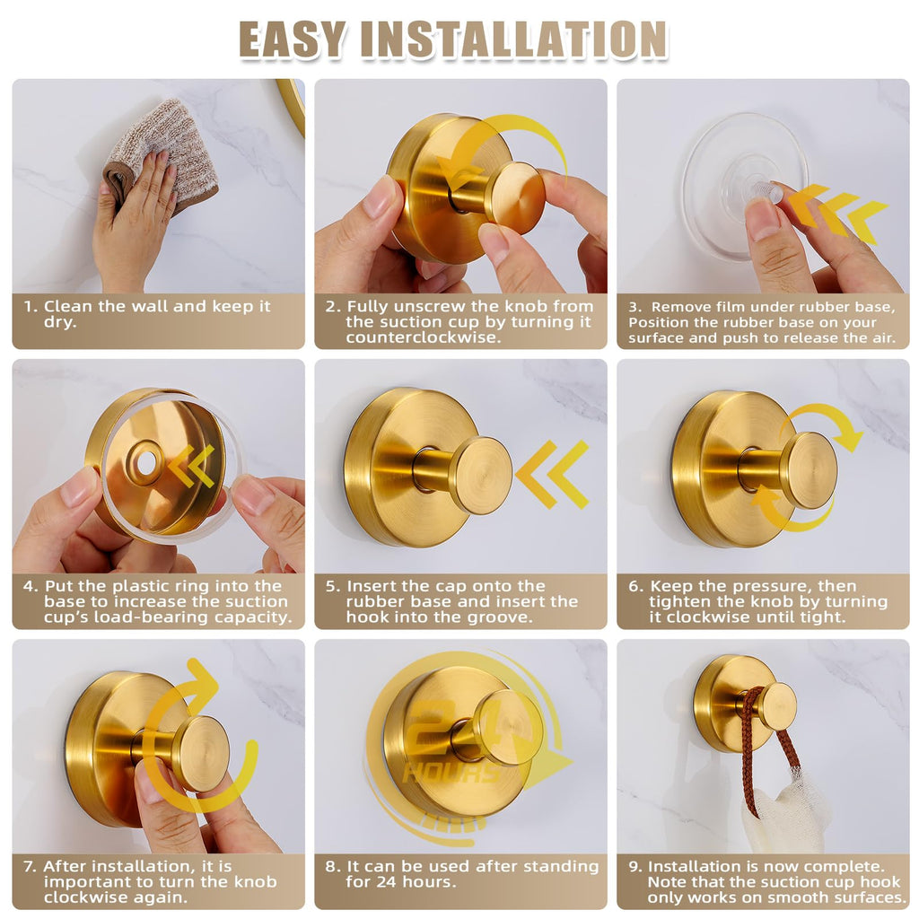 Fenas Suction Cup Hooks for Shower No-Drill Bathroom Hooks for Towels, Robes, Loofah Mountable on Bathroom Walls, Kitchen, Glass, Mirrors, Tile and Smooth,Non-Porous Surfaces (2 Pack, Brushed Gold)