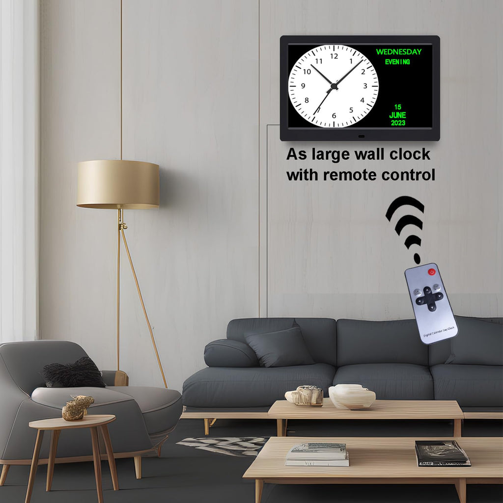AINFTIME Digital Clock with Date and Day of Week for Elderly-12 Alarms Medication Reminder Dementia Alzheimers Clock Calendar with Extra Large Display (10.1 inch Black)