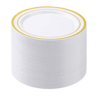 BESTSTAR 100PCS White Plastic Plates for Party, 10.25 Inch Disposable Plates with Gold Rim, Heavy Duty Dinner Plates for Christmas, Thanksgiving, Party, Wedding and Birthday