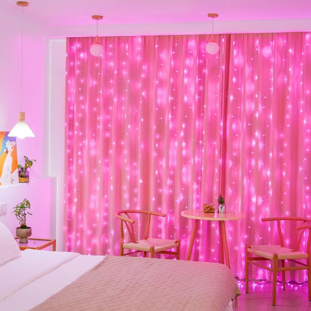 JMEXSUSS 300 LED Remote Control Pink Curtain Lights, 8 Modes Pink Christmas Lights Indoor, Pink String Lights for Bedroom Window Wall Party Backdrop Valentine Xmas Decorations (9.8x9.8ft)