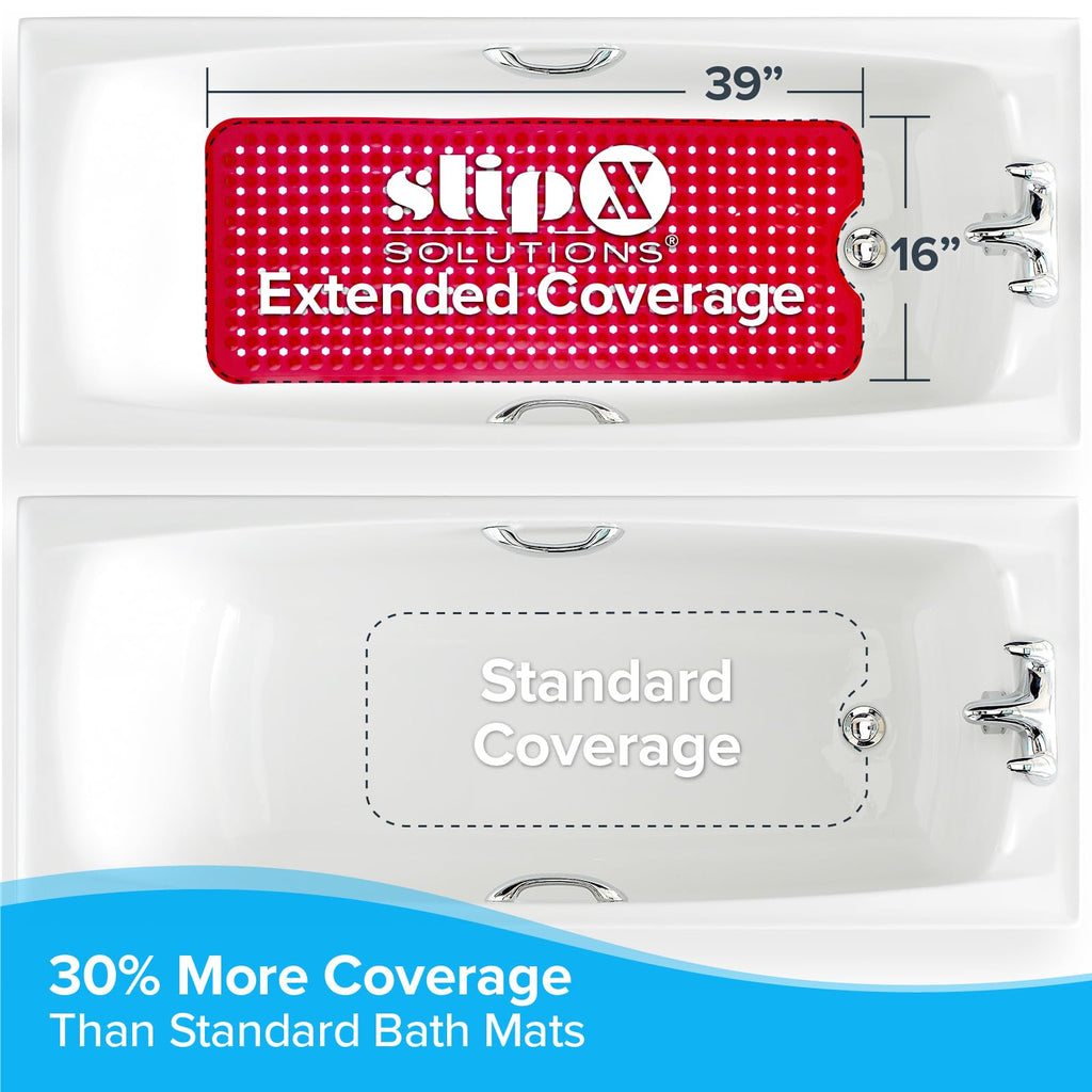 SlipX Solutions Power Grip Extra Long Bath Tub & Shower Mat 39x16, Wet Floor Non-Slip for Elderly & Kids Bathroom, 30% Longer Bathtub Mats, 200 Suction Cups, Drain Holes (1, Clear Red)