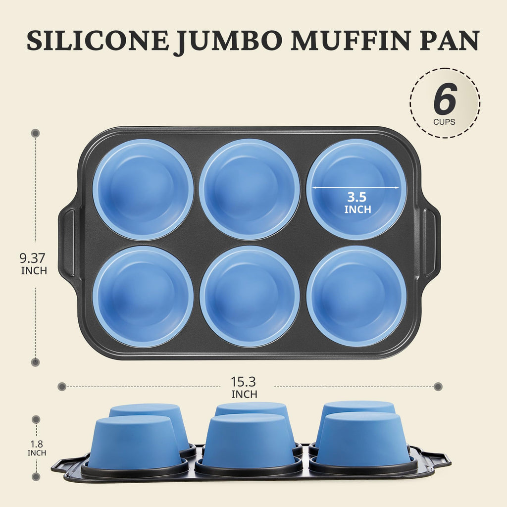 BRONYPRO Jumbo Silicone Muffin Pan with Metal Frame, 3.5" Large Muffin Tins, Non-Toxic Food Grade Silicone, Non-Stick for Egg Bites & Big Cupcakes, Oven Safe, Blue