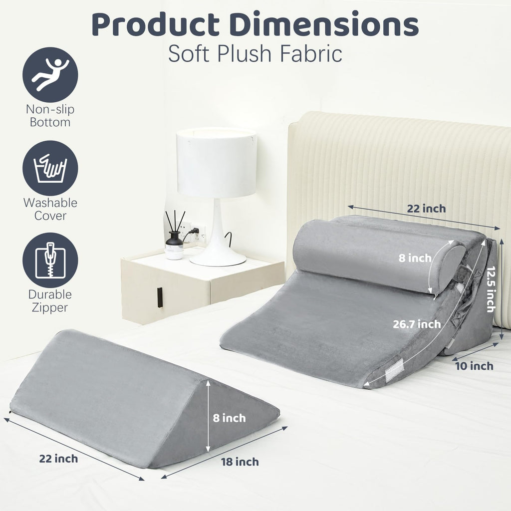 PIASHJOY 4pcs Bed Wedge Pillow for headboard，Elevated Pillows for Sleeping， Foam Wedge for Back Pain Relief and Leg Pain，Pillow Wedge for Acid Reflux Relief and Anti-snoring