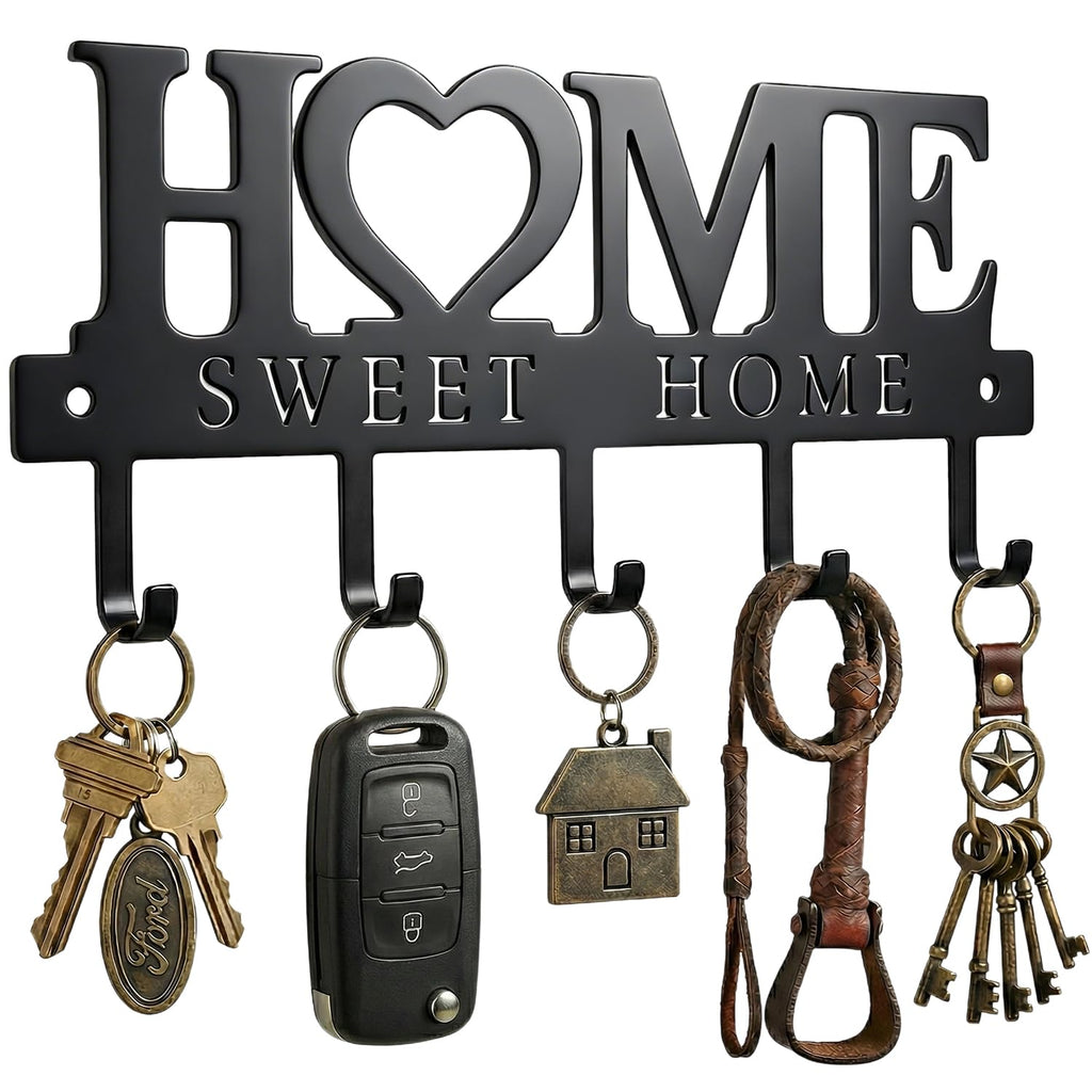 Entryway Wall Key Holder with 5 Hooks, Metal Key Rack Wall Mount for Keys, Bags and Leashes, Decorative Organizer for Entryway, Mudroom or Hallway, Sweet Home Design, 9.8 inches, Black