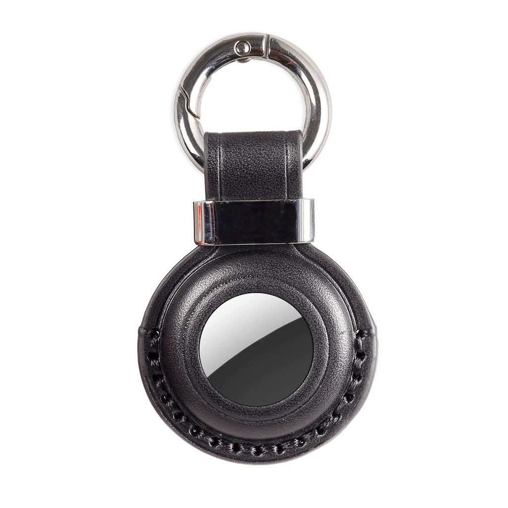 KEEPXYZ Genuine Leather Airtag Holder Suitable for Apple Airtag Keychain Leather, Secure Air Tag Holder with Stainless Steel Ring Lock, Durable Airtag Case Cover Key Ring - Black V2.0 (Hole)
