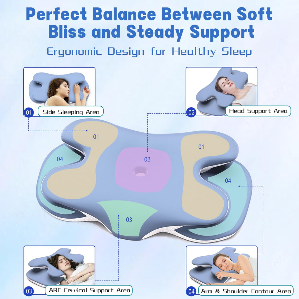 Cervical Pillow for Neck Pain Relief - Ergonomic Memory Foam Pillow with Adjustable Cooling Contour Design, Orthopedic Support for Side/Back/Stomach Sleepers, Machine-Washable Cover (Blue)