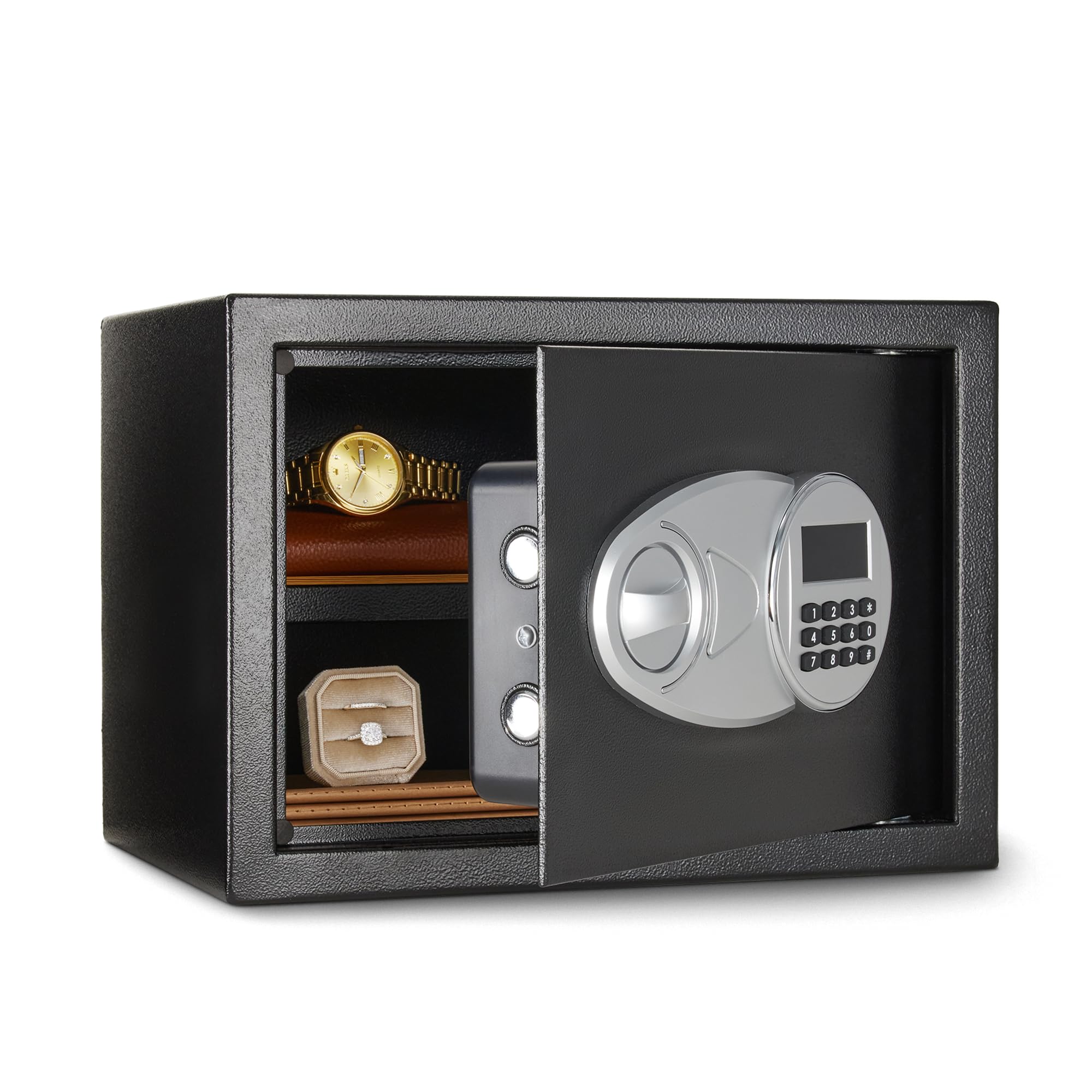 Amazon Basics Steel Security Safe and Lock Box with Electronic Keypad, Secure Documents Storage, Black, 0.5 Cubic Feet, 13.8"W x 9.8"D x 9.8"H, Removable Shelf