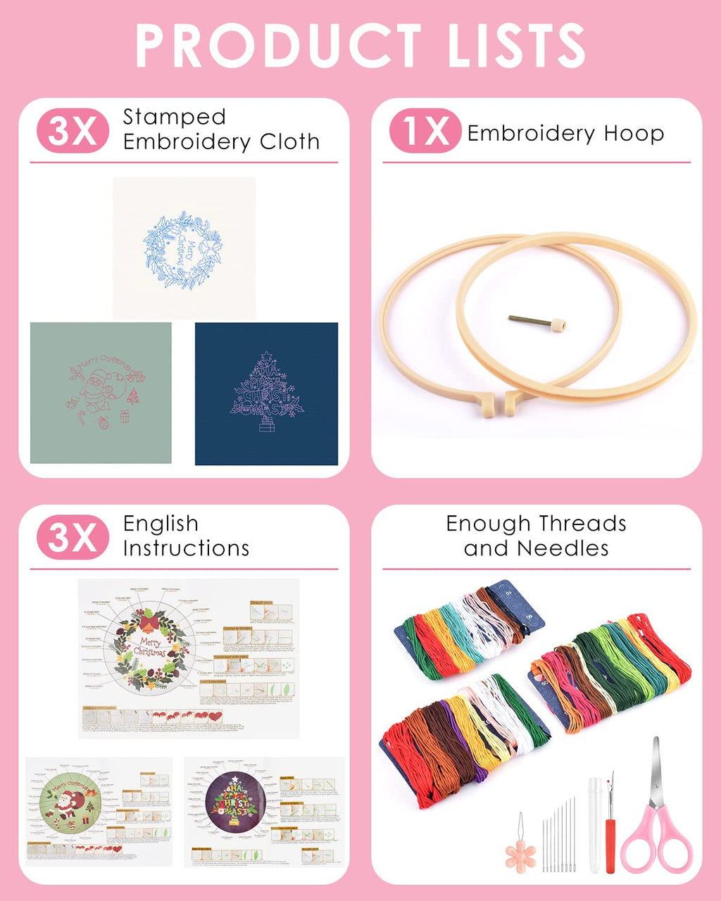 Christmas Embroidery Kit for Adult Beginners, 3 Sets Embroidery Stitch Practice kit Include Embroidery Cloth Hoops Threads for Craft Lover Hand Stitch (Santa Claus & Tree & Wreath)