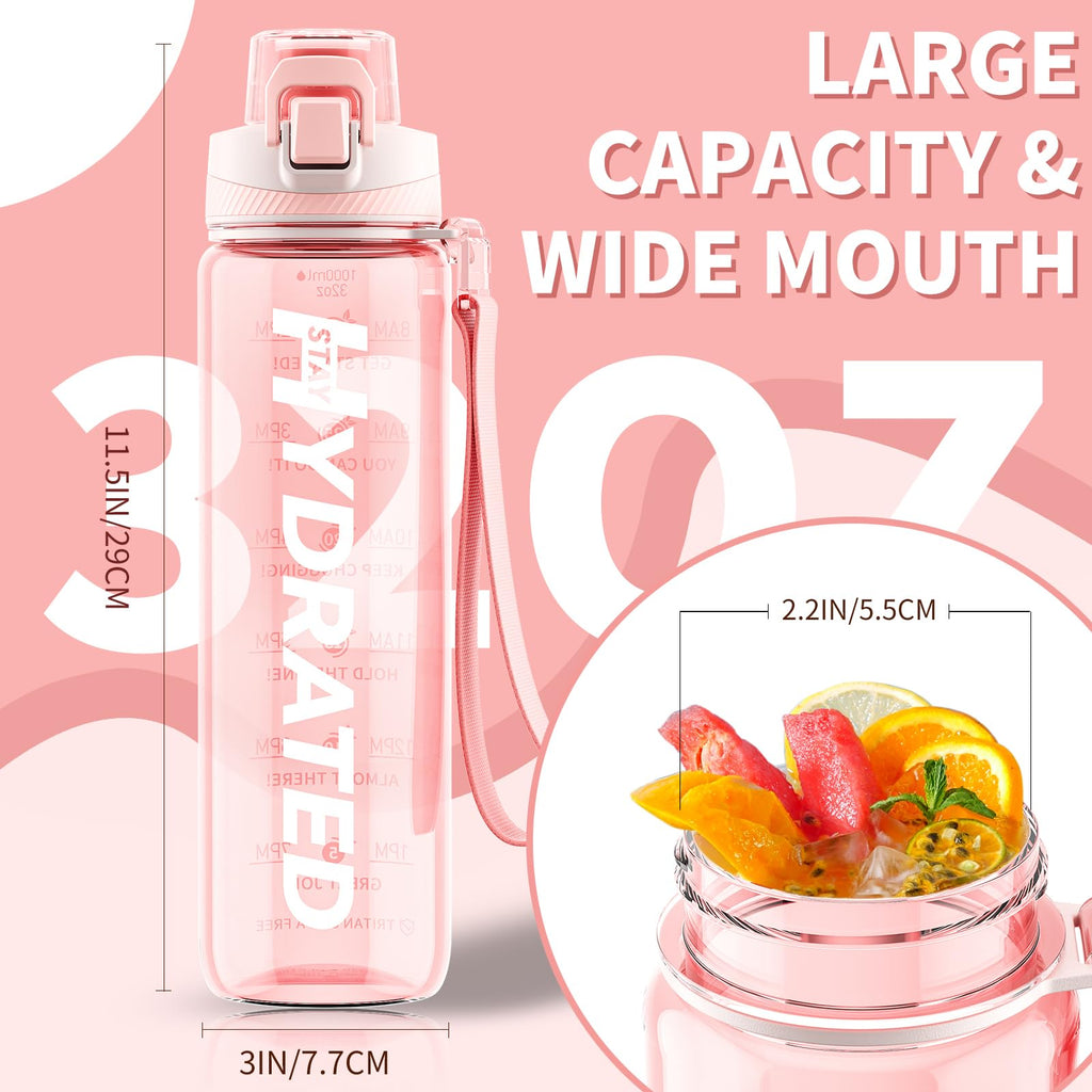 Water Bottle, 32 oz Motivational Water Bottles with Time Marker-Tritan & BPA Free, Sports Water Bottle with Time to Drink & Strap, Wide Mouth, Leakproof -Gift for Christmas Gym Fitness & Outdoor