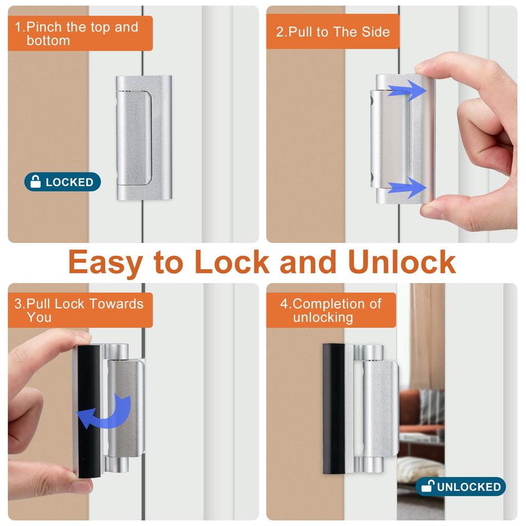 2 Pack Home Security Door Lock,Childproof Door Reinforcement Lock,with 3" Stop Withstand 800 lbs,for Inward Swing Doors,Night Kids Safety Metal Flip Lock Deadbolt Latch (Silver)