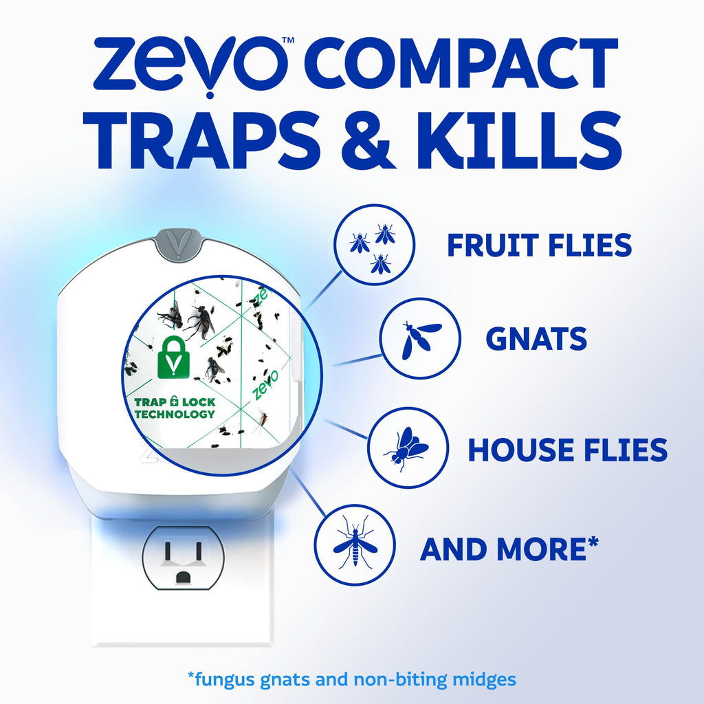 Zevo Compact Flying Insect Trap Kit with Refill Cartridges - Plug-in Indoor Bug Catcher for Gnats, House & Fruit Flies - Blue + UV Light Technology, No Odor, No Mess (1 Plug-in Device + 3 Cartridges)