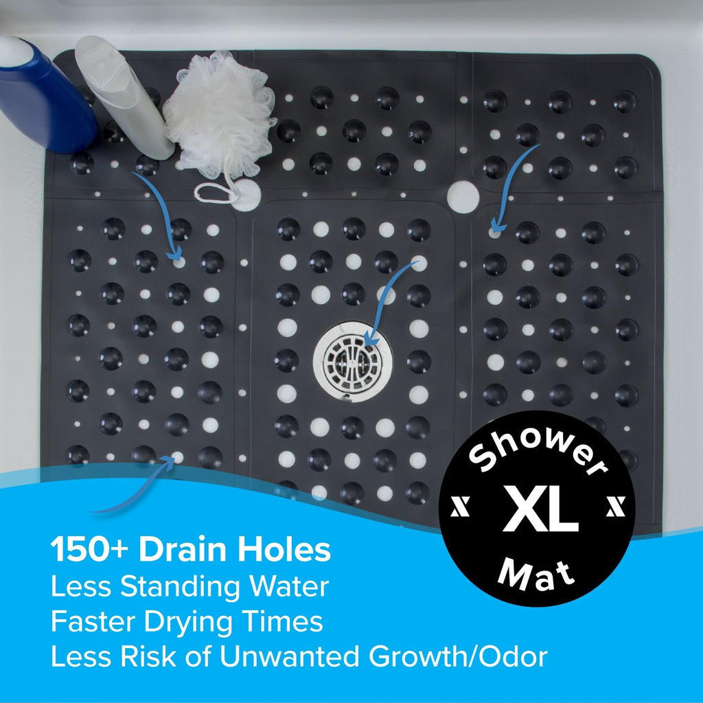 SlipX Solutions Extra Large Square Shower Mat, 27"x27", Non-Slip Stall Mat for Elderly & Kids Standing Bath Tub Mat, Machine Washable, Suction Cups, Black