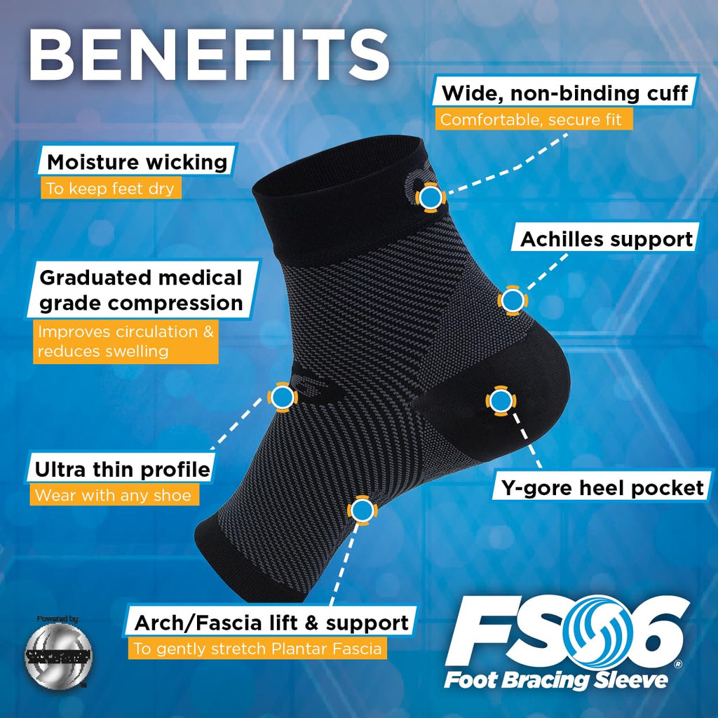 OrthoSleeve FS6 Foot Bracing (Single Sleeve) treats Plantar Fasciitis, Achilles Tendonitis and relieves heel pain in a soft, moisture-wicking fabric