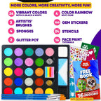 28 Color Face Painting Kit for Kids - Blue Squid Face Paint Kit Palette with 160pc accessories Stencils, Water Activated Non Toxic Washable Professional Facepaint body set Halloween Party Makeup