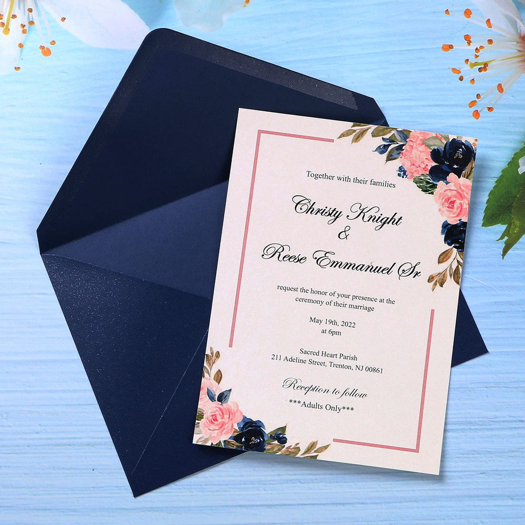 PONATIA 50 Pieces/Pack A7 Envelopes, 5.25 x 7.5'' Shiny Navy BlueEnvelopes for Invitations Cards, Perfect For 5x7'' Wedding Invitation Cards, Christmas Gift Cards Envelopes, 5x7'' Photograh