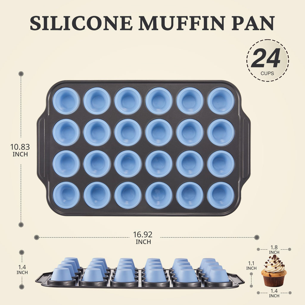 BRONYPRO Silicone Mini Muffin Pan with Metal Frame, Egg Bite Molds for Baking,Cupcake Pan 24 Regular Size, Mini Muffin Tin Easy to Pop Nonstick Non Toxic Bakeware for Oven,Blue