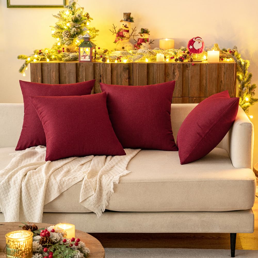 MIULEE Pack of 2 Christmas Decorative Outdoor Solid Waterproof Throw Pillow Covers Polyester Linen Garden Farmhouse Cushion Cases for Patio Tent Balcony Couch Sofa 18x18 inch Wine Red