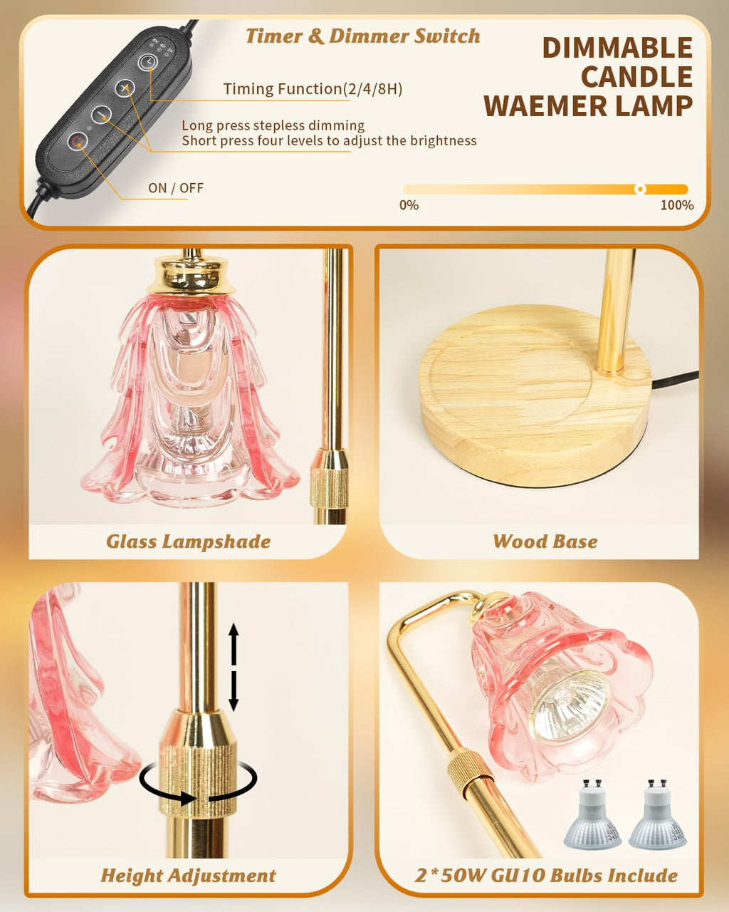 SupBri Candle Warmer Lamp with Timer, Adjustable Height and Dimmable, Birthday Christmas Gifts for Women, Mothers Day Gifts for Mom, Unique House Warming Gifts New Home Decor(Pink)