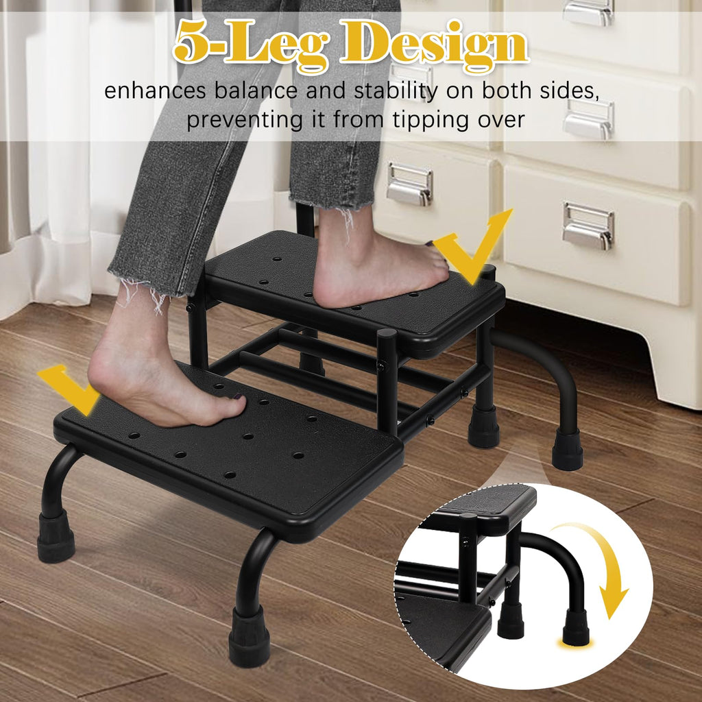 UFIZZY 2 Step Stool with Handle for Elderly with 5 Legs, Heavy Duty Bedside Step Stool for Seniors Adults, Medical Foot Stool with Adjustable Handrail for Kitchen, Bathtub, RV, Holds up to 400LBS