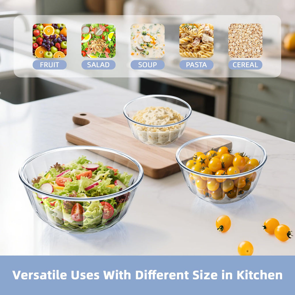 WhiteRhino Glass Mixing Bowls with Lids Set of 5（4.70QT,2.85QT, 1.69QT,1.11QT,0.85QT,Glass Bowls with Lids,Large Salad Bowls Space-Saving Nesting for Cooking,Baking,Prepping,Dishwasher Safe
