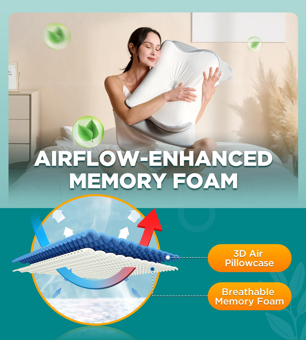 EKIFT Ease Now Cervical Neck Pillow for Pain Relief, Beauty Sleeping Cooling Pillow for Side Back Stomach Sleeper, Odorless Memory Foam Bed Pillows Deep Sleep,Ergonomic Orthopedic Contour Neck Support