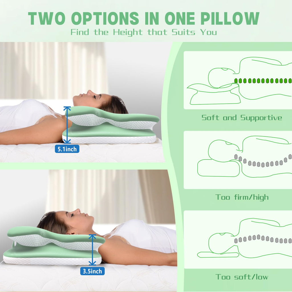 Cervical Pillow for Neck Pain Relief, Ergonomic Pillow for Side Sleeping, Orthopedic Pillow for Back & Stomach Sleepers, Cooling Memory Foam Neck Pillows for Shoulder Pain for Deep Sleep (Green)