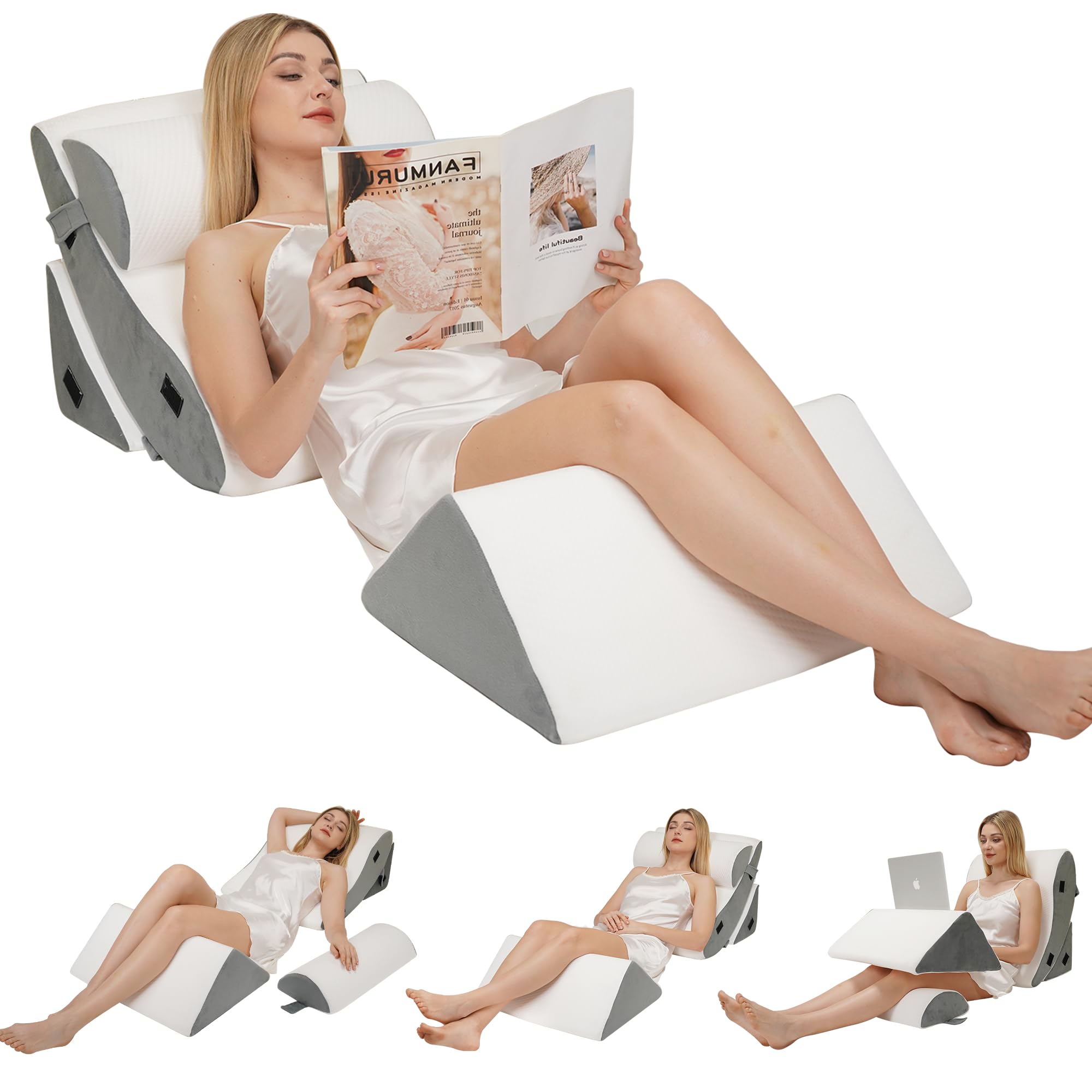 AAAini 4PCS Orthopedic Wedge Pillow Set,Wedge Pillow for Sleeping, Knee, Lumbar and Back Pain Relief,Adjustable Bed Pillow for Acid Reflux,Anti Snoring & GERD - White