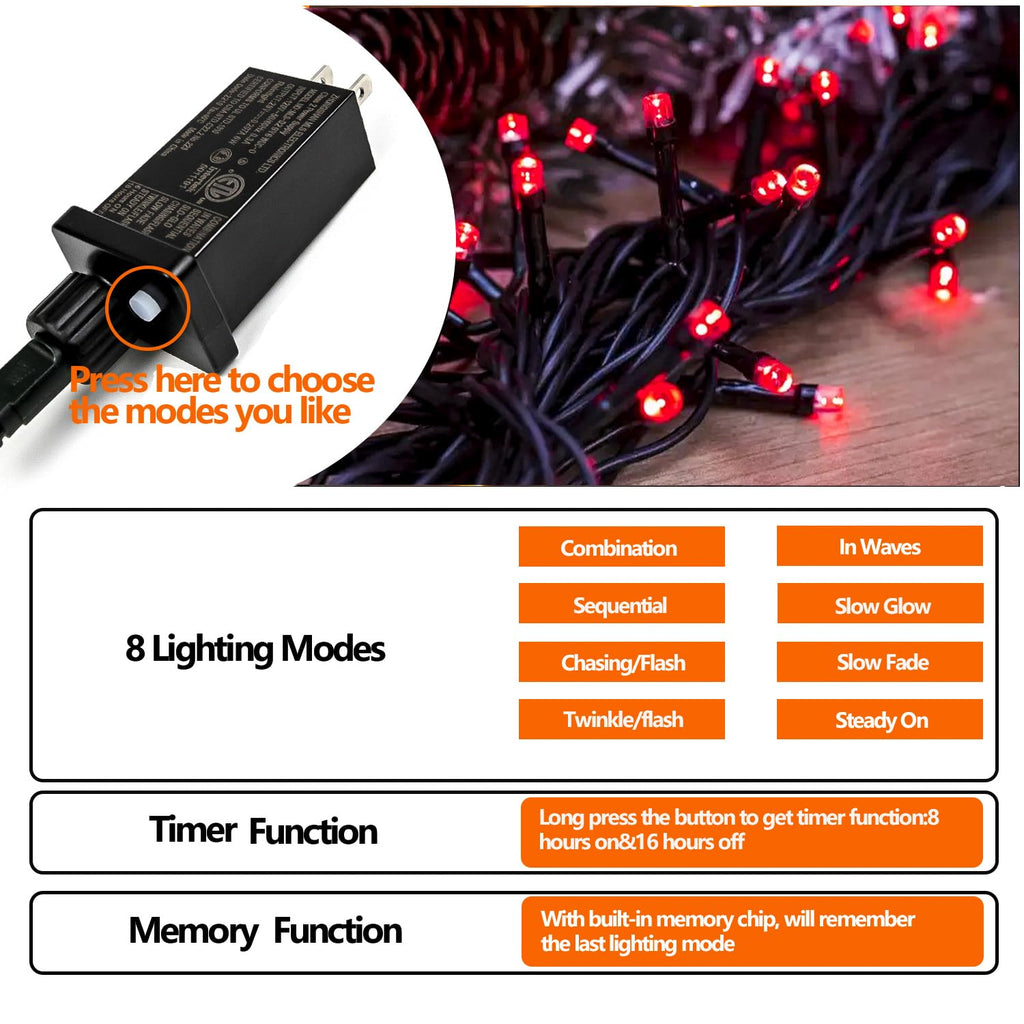 Upgraded 82FT 200 LED Red Christmas Lights Outdoor & Indoor, Memory Function & Timer & 8 Modes, Extendable Green Wire Waterproof Lights for Christmas Tree Party Wedding Home Garden Decorations (Red)