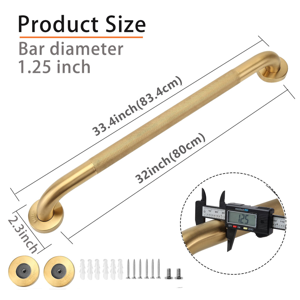 Rackickyer Shower Grab Bar, 2 Pack 32 Inch Gold Bathroom Grab Bar, 1.25" Diameter 304 Stainless Steel Anti-Slip Grab Bars for Bathtubs and Showers, Handicap Shower Grab Bar for Seniors Elderly
