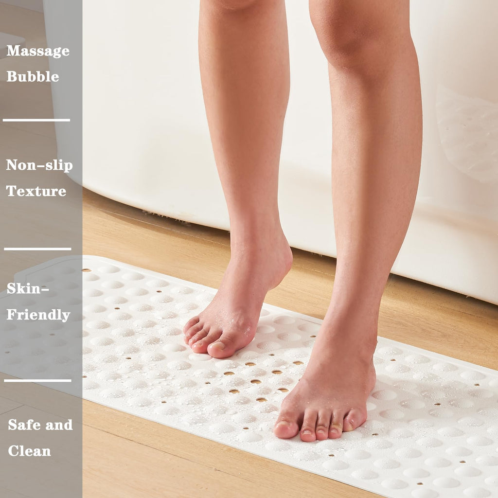 YANZIFLY Bathtub Mat for Shower: Soft Silicone 16 X 40 Inch Bath Mat Non Slip with Suction Cups Tub Mat for Bathroom for Kids Elderly Extra Large Shower matt Machine Washable - White