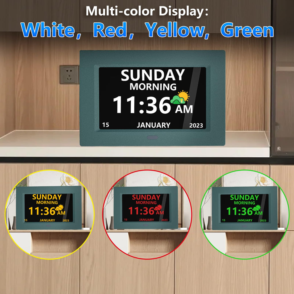 LXBYJKJ 7 Inch Digital Clock with Day and Date for Elderly Alzheimer's Dementia Clock Customizable Alarms and Medicine Reminders 3 Display Modes Large Font Digital Alarm Clock for Seniors Green