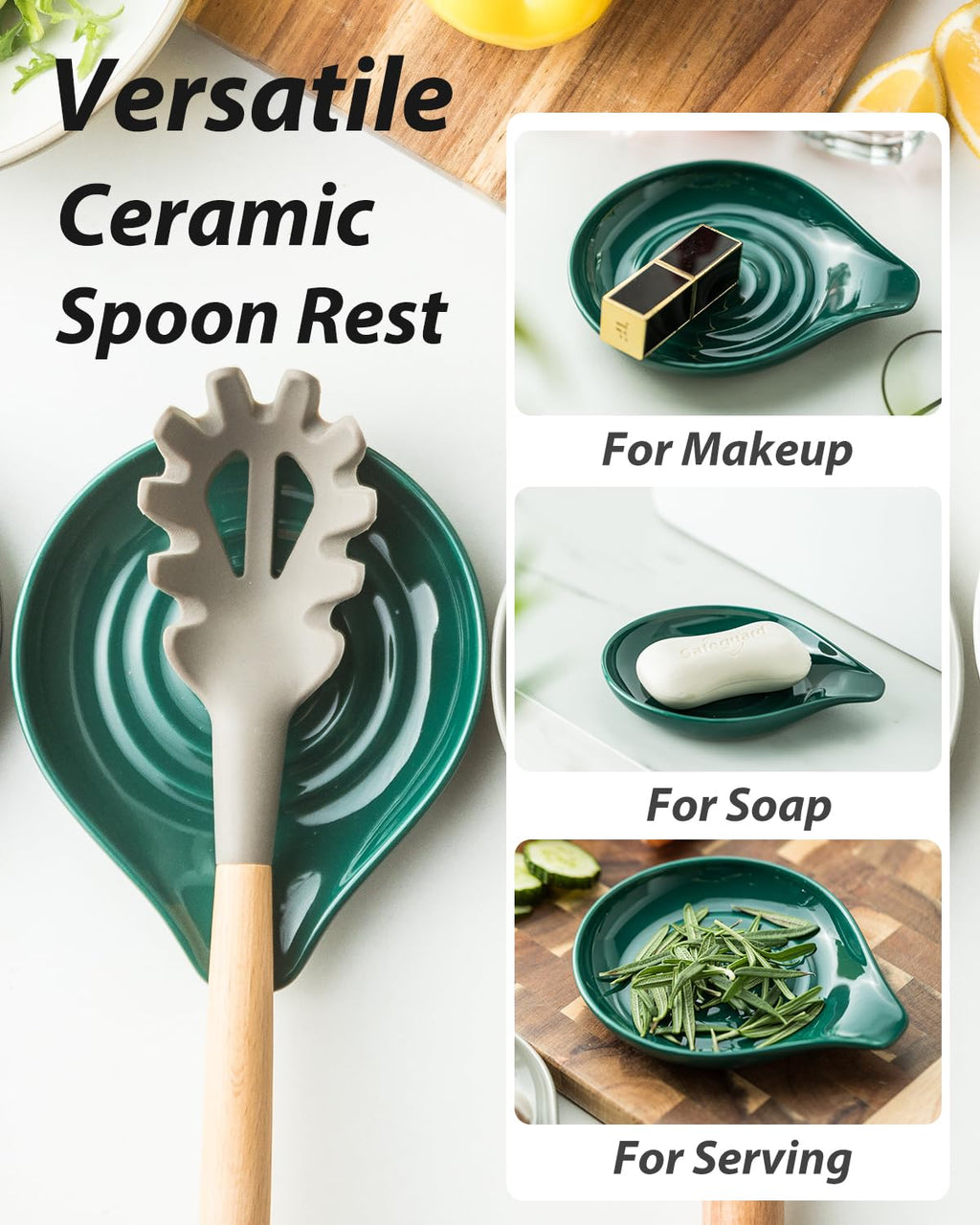LAUCHUH Spoon Rest for Stove Top Cooking Spoon Holder for Kitchen Countertop Large Holder for Spatula, Spoons or Tongs, Farmhouse Decor, Christmas Gifts, Green