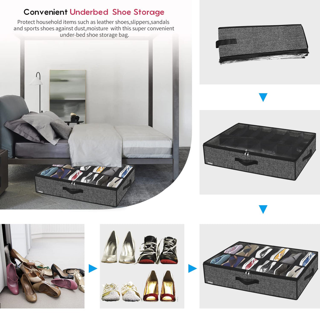 Sturdy Under Bed Shoe Storage Organizer, Set of 2, Fit 12 to 24 Pairs, Underbed Shoes Closet Storage Solution with Clear Window, Breathable, L29.3 x W23.6 x H5.9, Linen-like Black, MXAUBSB2P