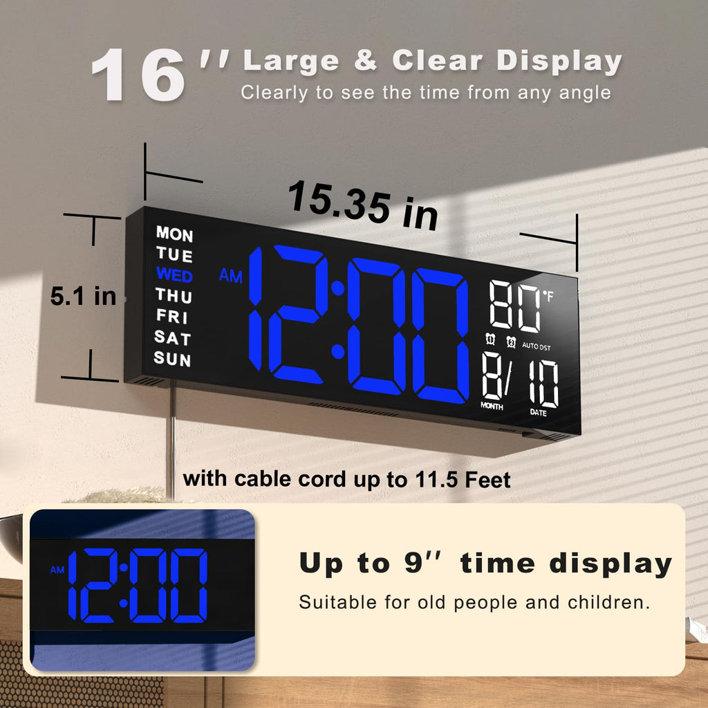 JALL 16" Large Digital Wall Clock Timer, Remote Controll, 2 Alarms, LED Display, 8 RGB Color, Auto DST, Temperature for Living Room, Bedroom, Desk, Mounted, Gift for Elderly (Blue White, 16 inches)