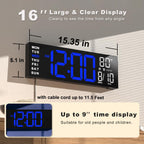 JALL 16" Large Digital Wall Clock Timer, Remote Controll, 2 Alarms, LED Display, 8 RGB Color, Auto DST, Temperature for Living Room, Bedroom, Desk, Mounted, Gift for Elderly (Blue White, 16 inches)