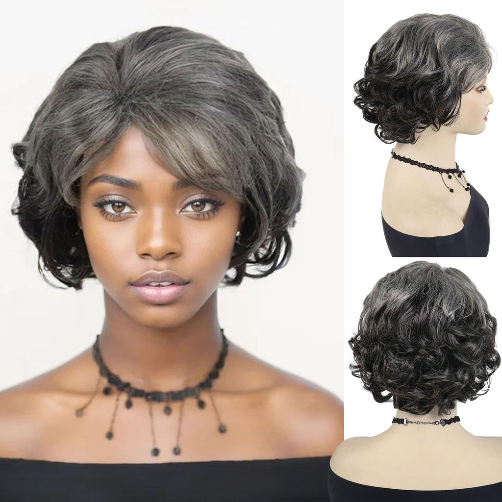 GNIMEGIL Grey Short Curly Wigs for Black Women Soft Synthetic Granny Hair Replacement Full Wigs for Daily Party Use Mommy Old Lady Wig Elderly Realistic