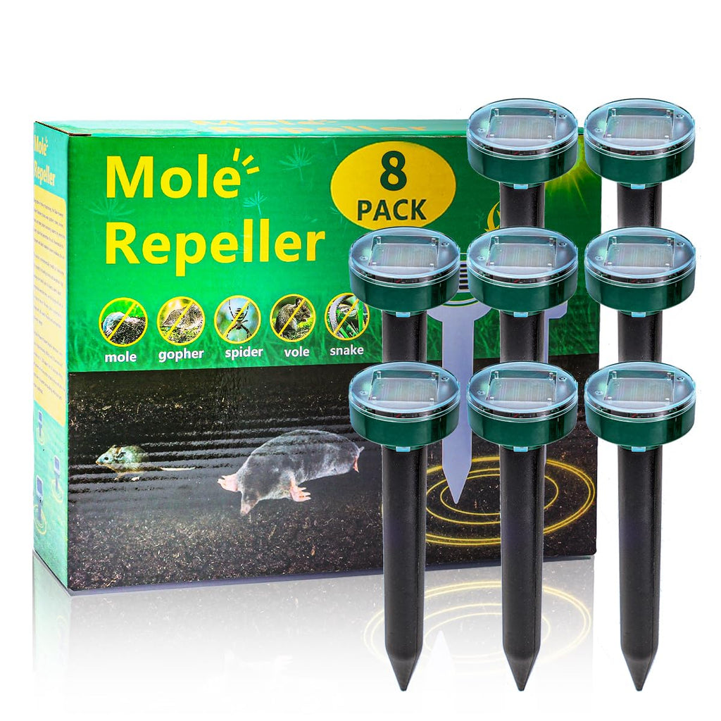 8PK new Green Mole Repellent for lawns Gopher Repellent Ultrasonic Solar Powered Snake Repellent Deterrent Mole Repeller Vole Repellent Outdoor Lawns Garden Yard All Pests Sonic Spikes Stakes Chaser