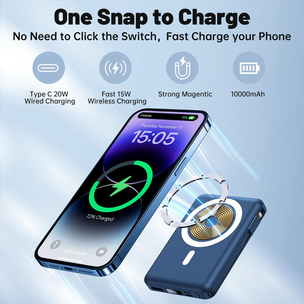 Yiisonger Magnetic Wireless Power Bank - 10000mAh Mag-Safe Portable Charger 22.5W PD Fast Charging with Built-in Cables LED Display, Magnetic Battery Pack for iPhone 16/15/14/13/12/Pro/Mini/Pro Max
