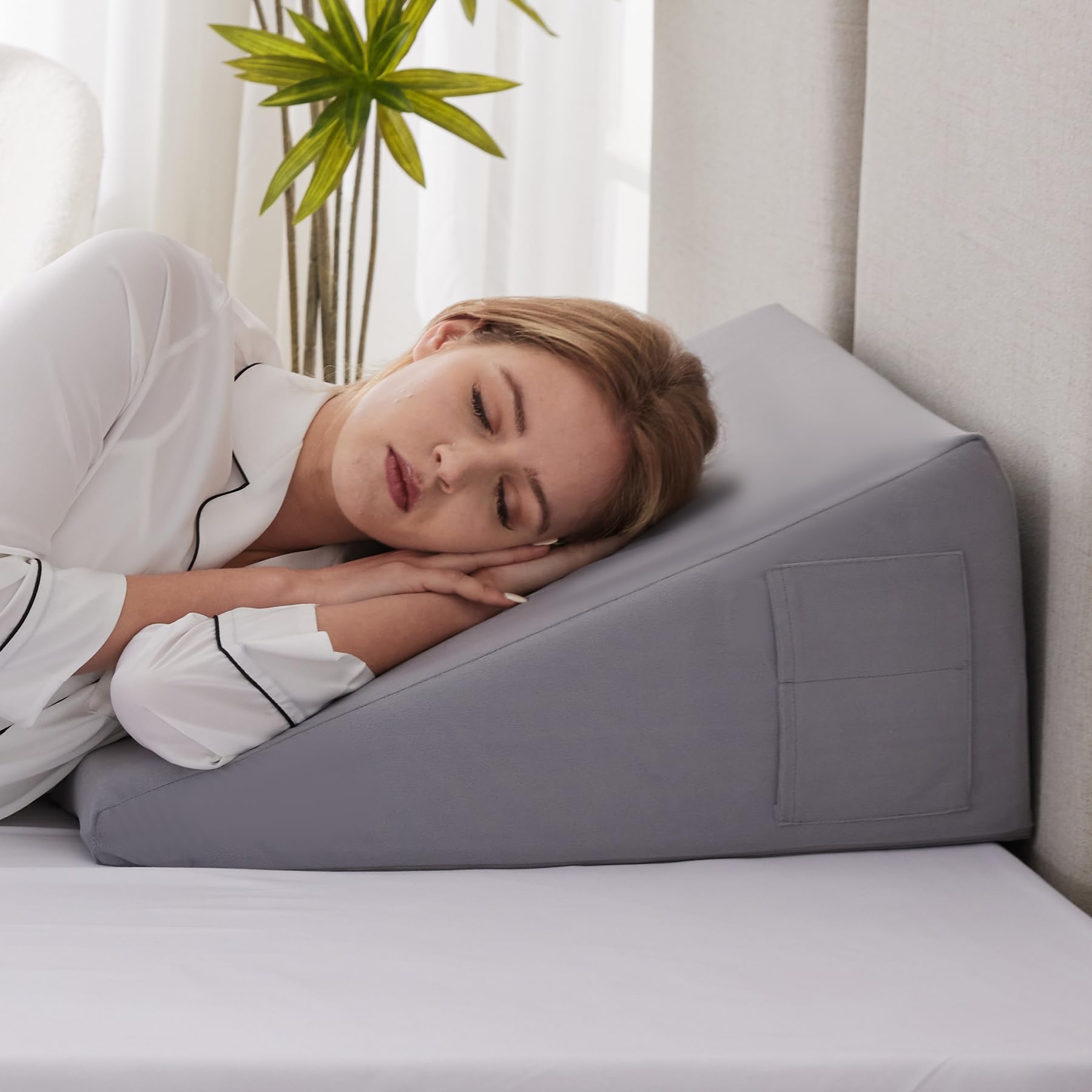 Ruqmuis Wedge Pillow for Sleeping, 10" Bed Wedge Pillow for Headboard, Triangle Incline Wedges for Acid Reflux, Pillow Wedge for Back Pain Relief, Elevated Leg Pillows After Surgery, Snoring, Velvet